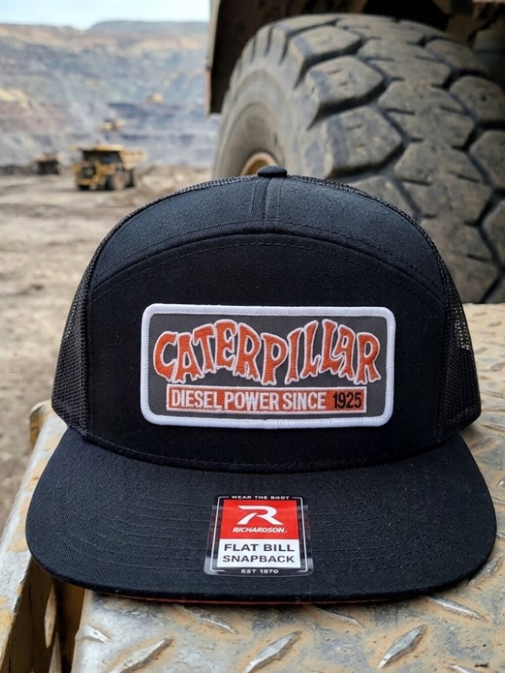Retro Caterpillar Hat Diesel Power 1925 Blackout Richardson 7 Panel Snapback Cap